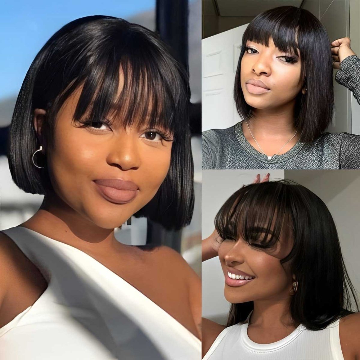 Straight Fringe Bob Wig With Bangs Brazilian Short Bob Human Hair Wigs For Women Machine Made Wig With Bangs Remy Hair Full Wig Natural Color - Superlovehair